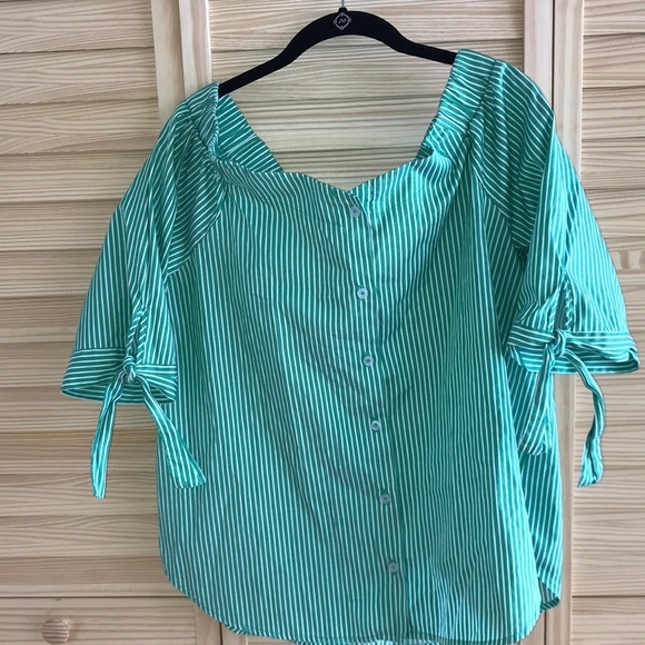 HAUTE PROJECT off the shoulders top, pinstripes, size XL,‎ green and white. - Picture 1 of 4